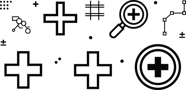 Interface line icon set with cross magnifier zoom plus grid and vector path illustration