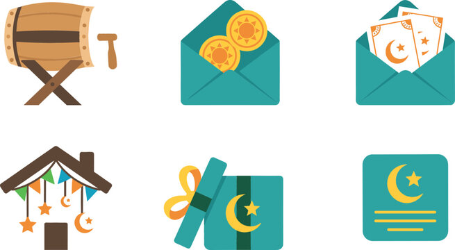Islamic Ramadan Eid vector icon set with bedug drum envelope money gift card decorations