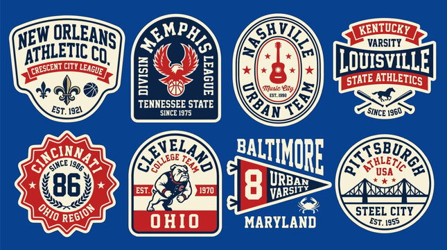 Vintage American Southern City Athletic Badge Sticker Vector Set for Sports Apparel Branding, Urban College League Identity, Multi-City Championship Logo Design and T-Shirt Print Graphics