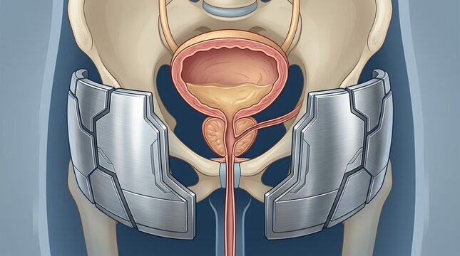 An anatomical rendering of the male urinary bladder and prostate gland positioned behind a secure metallic defensive barrier representing urological wellness prostate bladder shield health medical