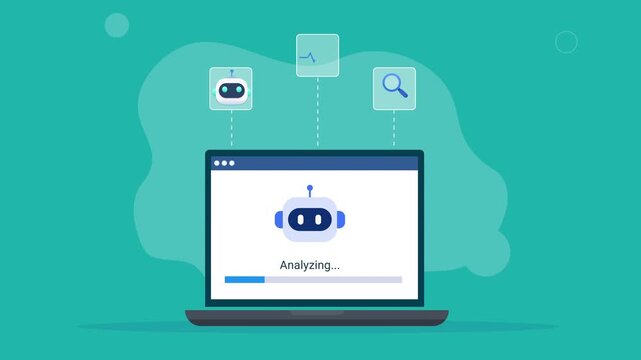 Modern flat vector animation showing a laptop with an AI analysis interface and floating technology icons, representing artificial intelligence, data processing, automation, and digital workflow.