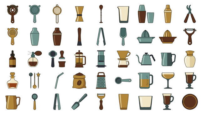 Comprehensive set of minimalist bar and coffee shop icons featuring mixology tools, brewing equipment, and drinkware on white
