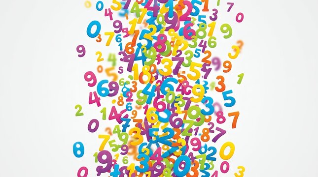 Vibrant multicolored digits raining down against a plain white backdrop representing mathematics education and playful learning themes numbers colorful math study education falling flying digit