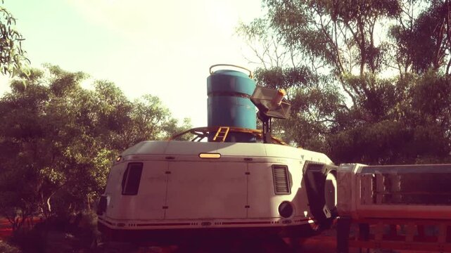 A space capsule is placed at a research site among trees. The capsule has a blue tank on top and a ladder attached to it. Bright sunlight shines down on the scene.