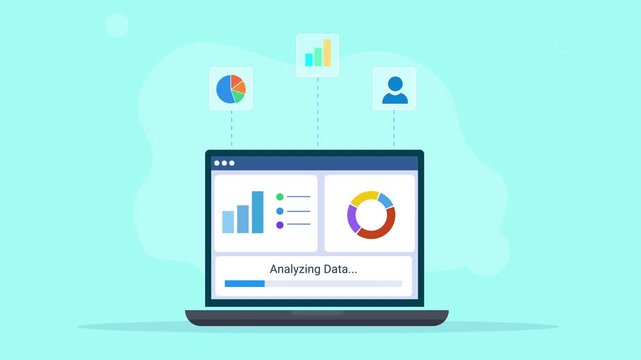 Modern flat vector animation showing a laptop with an analytics dashboard, bar chart, circular graph, and user icon, representing data analysis, business insights, performance, and digital workflow.