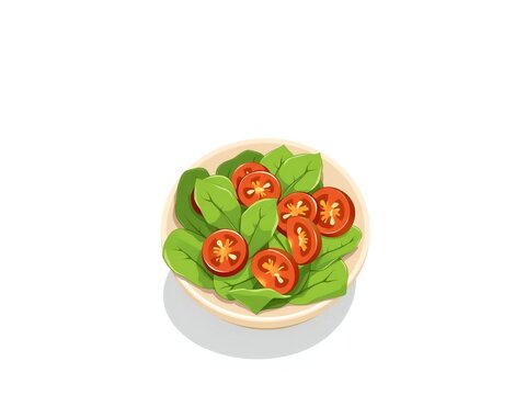Fresh green spinach leaves and red tomato slices in a ceramic bowl