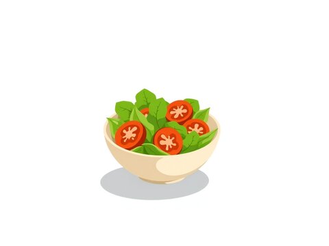 Fresh green salad with red tomato slices in a small ceramic bowl