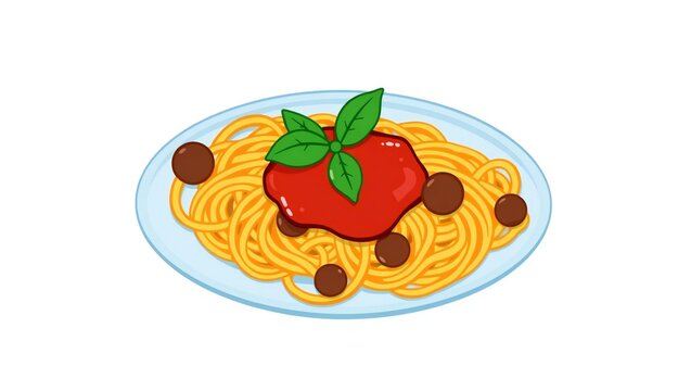 A plate of delicious spaghetti pasta with red tomato sauce meatballs and fresh green basil leaves in a simple cartoon illustration style