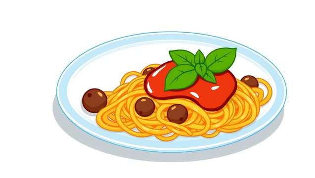 A plate of delicious spaghetti pasta with red tomato sauce meatballs and fresh green basil leaves in a cartoon style illustration