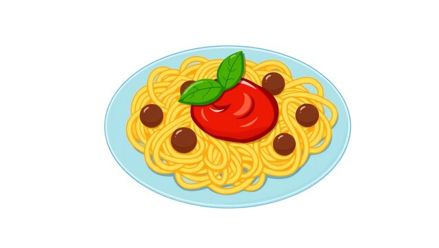 A plate of delicious spaghetti pasta with tomato sauce meatballs and fresh basil leaves in a cartoon style illustration