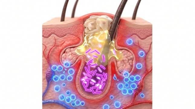 3D Microscopic Diagram of Bacterial Proliferation in an Inflamed Sebaceous Gland
