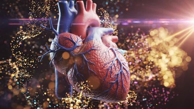Human Heart Surrounding by Floating Gold Particles and Sparkles. 4K Video