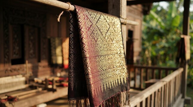 Traditional Gold Embroidered Silk Fabric on Wooden Terrace