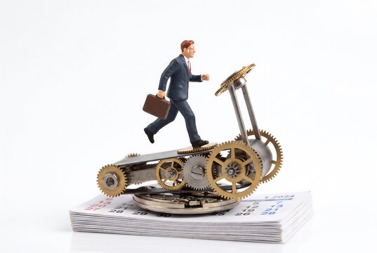 暦を土台にした歯車の上を走るビジネスマン
