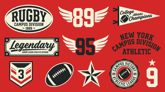 Vintage rugby college athletic emblems set, retro campus division sports badges with wings and stars, classic varsity team logo collection for apparel design on red background