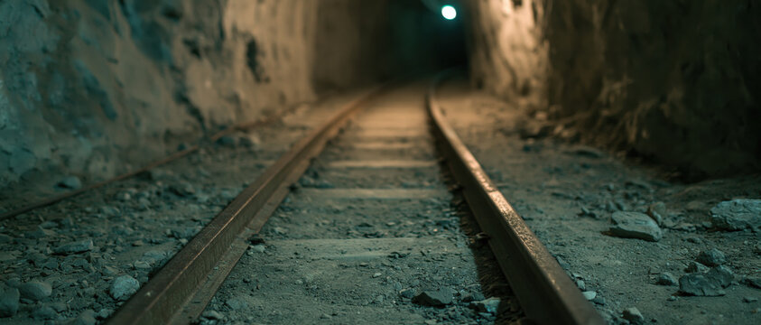 Underground railway tunnel, rail track, rock wall, dim light, empty passage, curved line