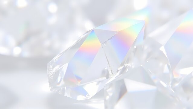 Clear crystal prism facet with rainbow light refraction on white background 