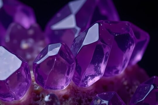 Deep purple amethyst crystal cluster close up on dark background 