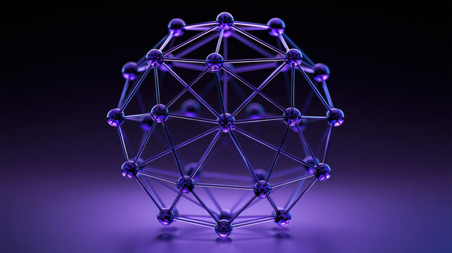 Purple glass molecule geometric network abstract sphere connected node molecular structure dark background 3d render futuristic design science concept transparent sphere