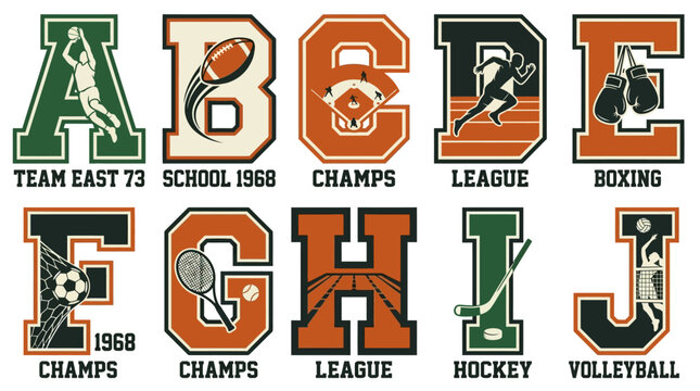 Vintage varsity sports alphabet letters A to J, retro collegiate athletic font with basketball and football icons, orange and green varsity jacket patches for school team apparel.