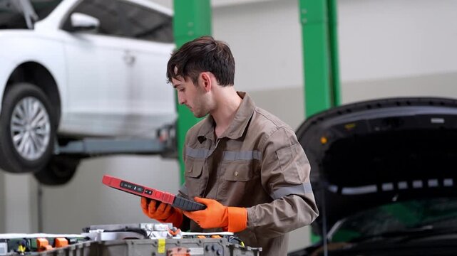 EV technician using diagnostic device to inspect electric car battery system in repair garage