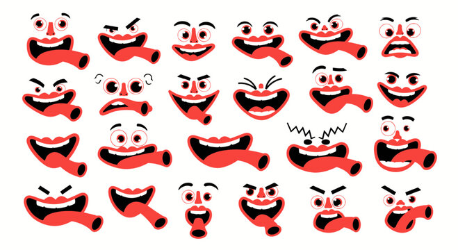 Collection of cartoon facial expressions with sticking tongues and various emotions
