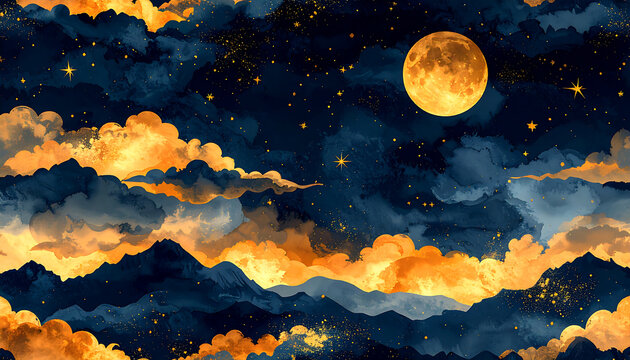 Night Sky with Full Moon Over Mountain Range.