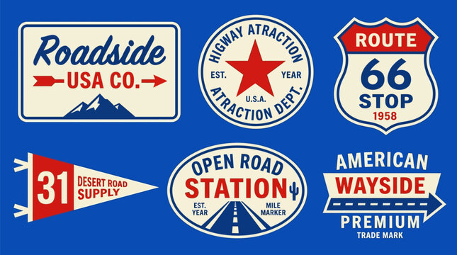 Vintage American roadside signs and retro travel badges, set of 6 vector highway emblems with Route 66 and open road station motifs, classic red white and blue adventure icons for tourism.