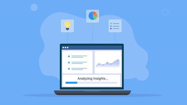Modern flat vector animation showing a laptop with an analytics dashboard, line chart, data list, and floating report icons, representing data analysis, business insights, performance, and digital wor