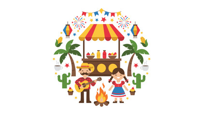 Naklejka premium Festive circular design celebrates Festa Junina with a music player, a dancer, food stalls, cactuses, and fireworks.