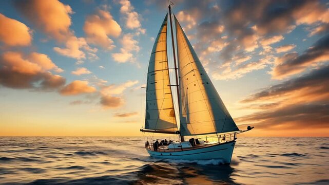 A stunning sunset video captures a sailboat from a low angle, highlighting its sails against a vibrant sky, creating a serene maritime scene. Live desktop wallpaper.
