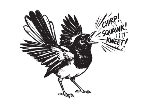 Retro magpie bird illustration, monochrome woodcut style, funny squawking animal, vintage black and white engraving, speech bubble text elements