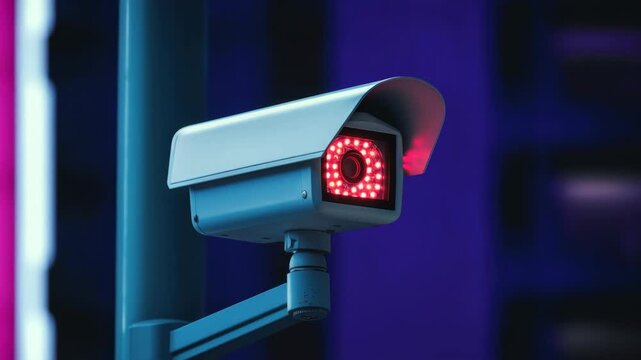 Close-up of a security camera at a high angle, capturing video surveillance. The sleek, modern design emphasizes security and technology. Live desktop wallpaper.