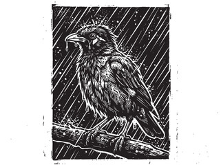 Naklejka premium Gothic vintage woodcut illustration of a raven perching on a branch in the rain. Dark engraving art, black and white rustic sketch, vector graphic design element.