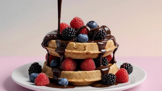 Chocolate sauce flowing over two stacked Belgian waffles topped with strawberries, blueberries, raspberries, and blackberries