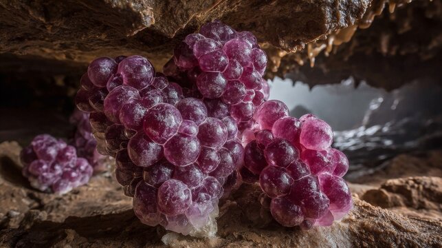 Stunning Cluster of Pink Grapes Under Cave Formation with Light