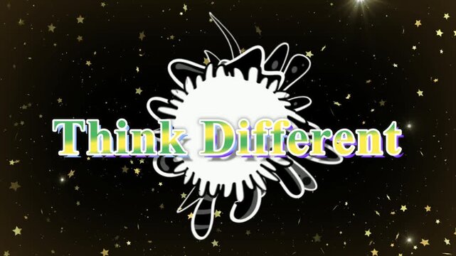 Think Different typography written in smooth green and yellow gradient letters positioned over a large abstract white ink blot on a starry background.