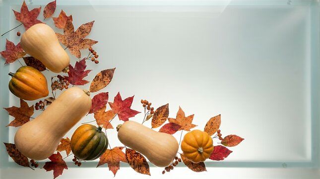 Overhead Flat Lay Arrangement Of Smooth Squash And Speckled Fall Foliage Scattered On Clear Light Tabletop With Ample Text Space autumn thanksgiving pumpkins leaves white table top view copy space