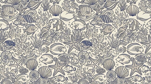 Intricate Nautical Line Art Seamless Pattern Featuring Sea Shells Tropical Fish Starfish and Coral Motifs for Summer Apparel and Decor Design seamless pattern nautical sea ocean shell sea shell fish