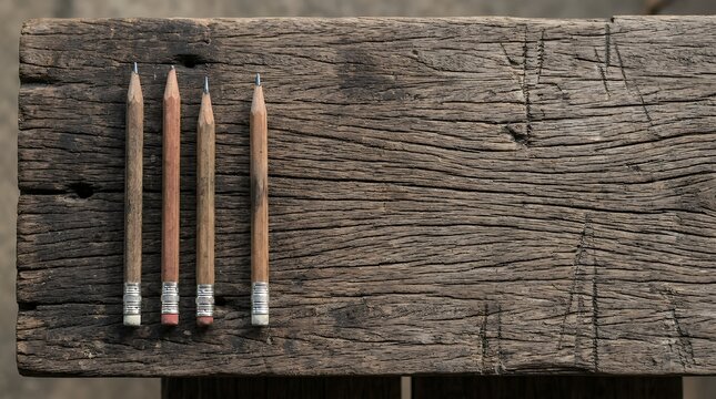 Quadruplet of classic graphite writing instruments arranged neatly across an aged timber board showcasing natural grain lines and raw carpentry textures pencil wooden background rustic art writing
