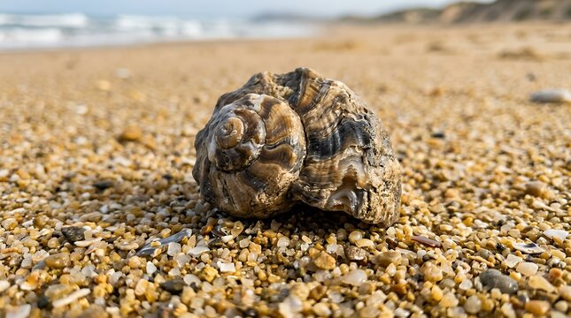 Petrified prehistoric gastropod shell fossil lying on coarse golden coastal sand in a sharp macro capture fossil snail shell sea sand beach marine macro closeup ancient prehistoric petrified