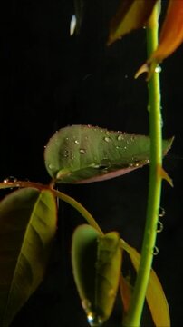 Macro rain falling on rose leaf and thorny stem Vertical Video 2160p 24fps