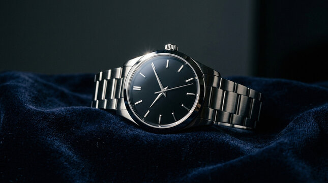 Luxury stainless steel watch with black dial on blue velvet fabric