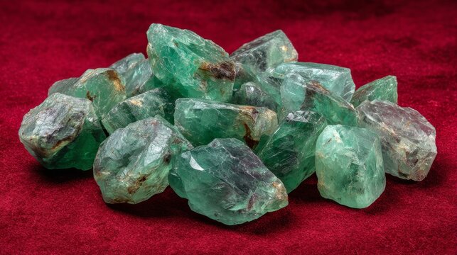 Vibrant Green Fluorite Crystals on Rich Red Velvet Background