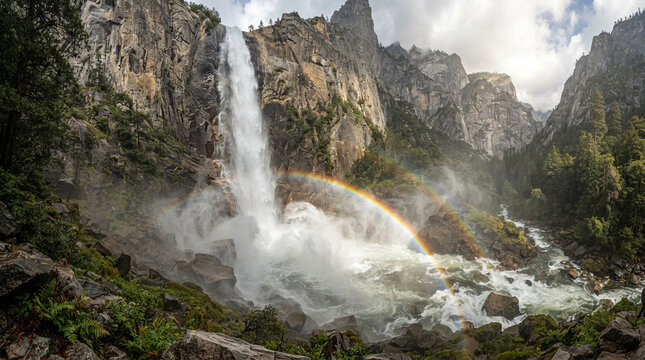 Majestic Waterfall with Double Rainbow in Yosemite Valley