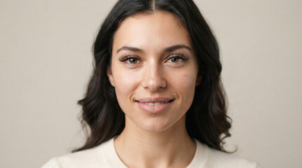 Fototapeta premium Young brunette woman smiling in studio headshot portrait