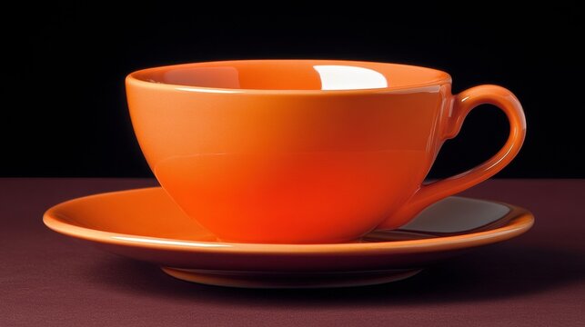 Orange ceramic cup and saucer on a dark background
