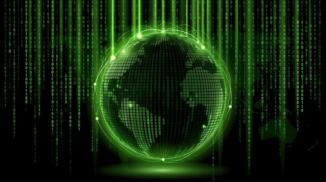 Digital Earth on Green Binary Code Matrix Background, Cybersecurity and Global Data Concept, Cyberspace Information Transmission 3D Visual Asset
