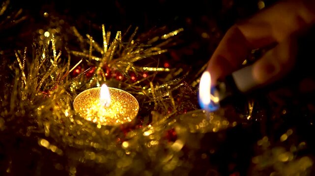 Person lighting christmas candles with decorative gold tinsel and red baubles in cozy holiday atmosphere.