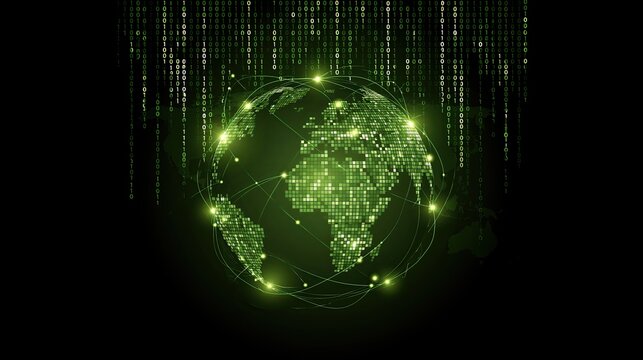 Digital Earth on Green Binary Code Matrix Background, Cybersecurity and Global Data Concept, Cyberspace Information Transmission 3D Visual Asset
